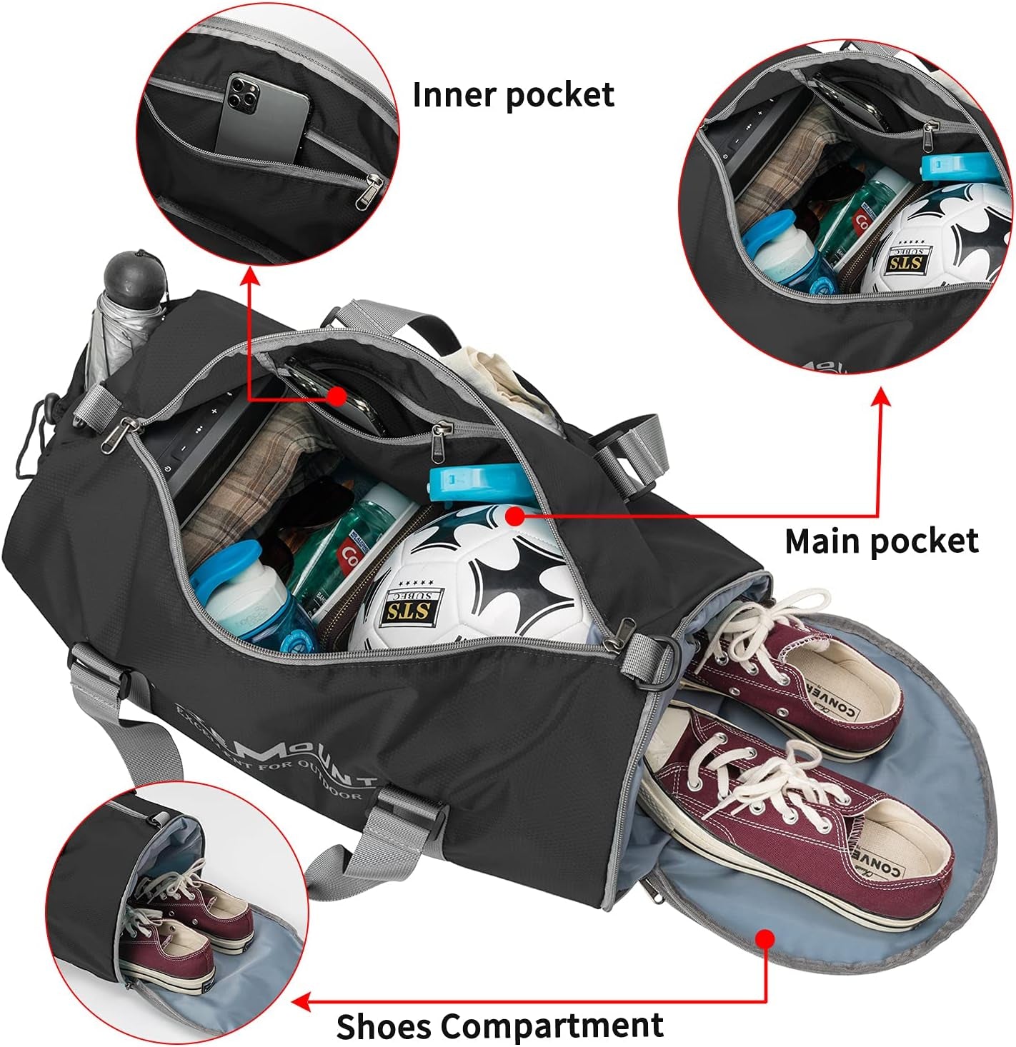 Packable 20 Inches round Gym Bag, Sport Bag, Workout Bag, Foldable Duffel Travel Bag with Shoes Compartment, Crossbody Lightweight Sling Bag for Travel Yoga Fitness Sports & Outdoors (Black)