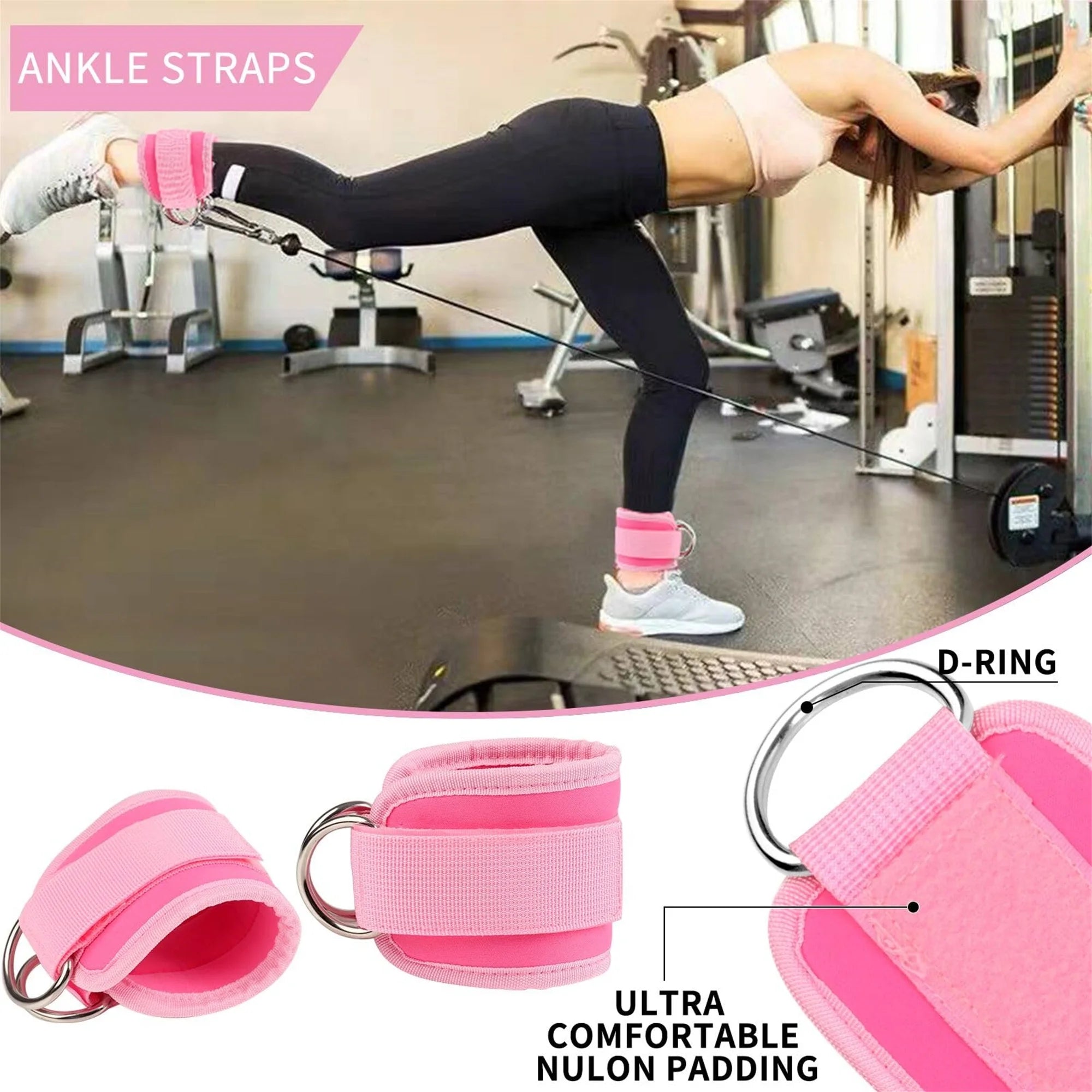 9 Pcs Barbell Pad Set, Barbell Squat Pad for Hip Thrusts, Lunges, Leg Day with 2 Gym Ankle Straps, 3 Hip Resistance Bands, 2 Lifting Strap, Barbell Pad and Carry Bag,Pink