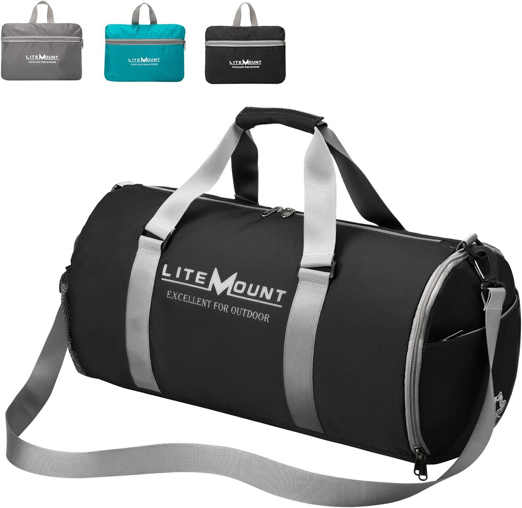 Packable 20 Inches round Gym Bag, Sport Bag, Workout Bag, Foldable Duffel Travel Bag with Shoes Compartment, Crossbody Lightweight Sling Bag for Travel Yoga Fitness Sports & Outdoors (Black)