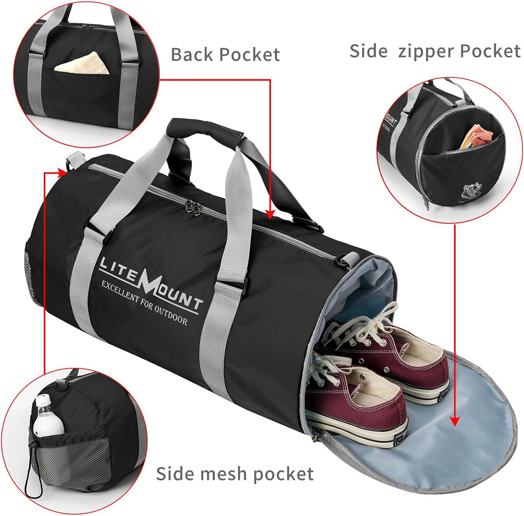 Packable 20 Inches round Gym Bag, Sport Bag, Workout Bag, Foldable Duffel Travel Bag with Shoes Compartment, Crossbody Lightweight Sling Bag for Travel Yoga Fitness Sports & Outdoors (Black)