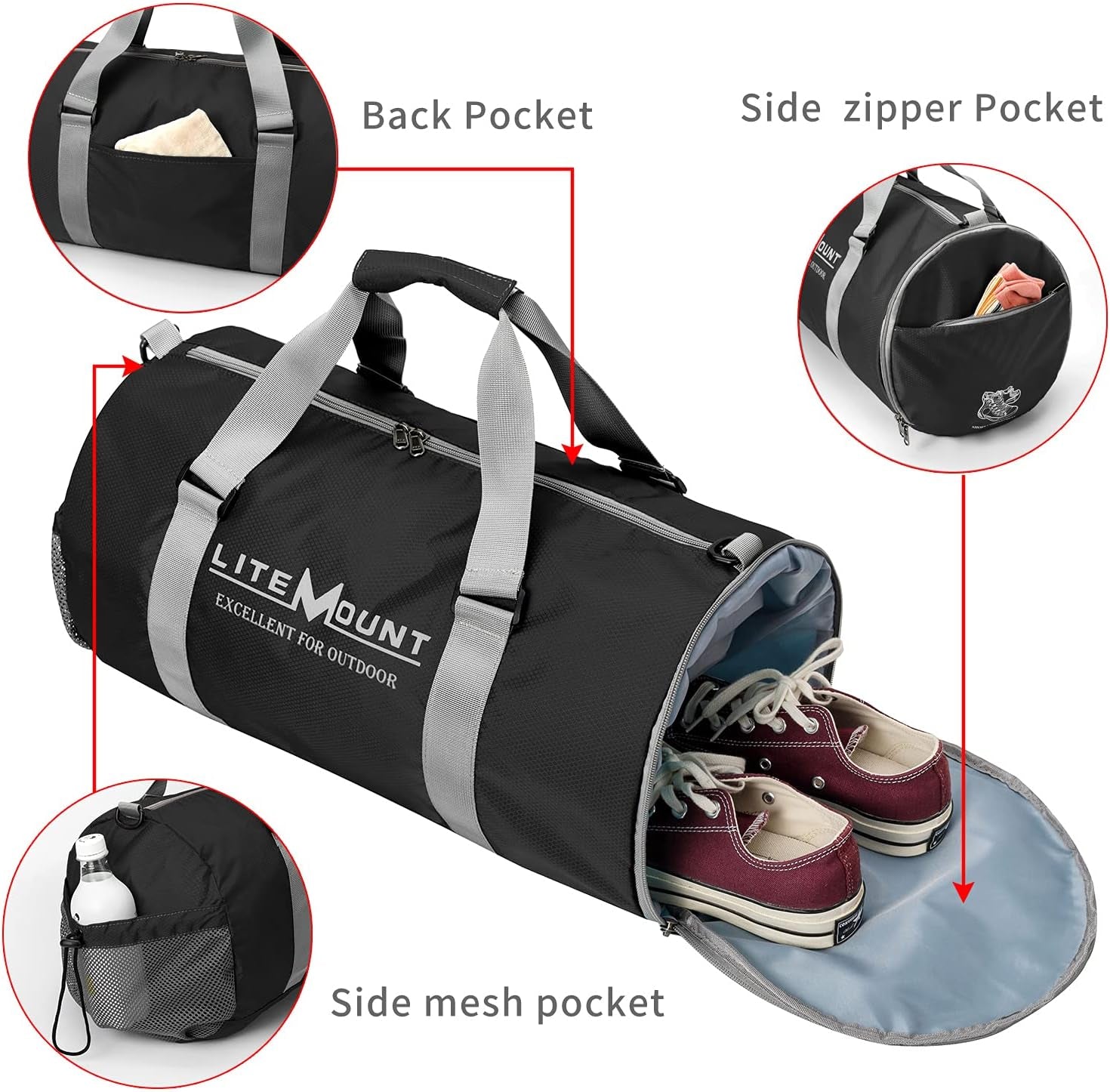 Packable 20 Inches round Gym Bag, Sport Bag, Workout Bag, Foldable Duffel Travel Bag with Shoes Compartment, Crossbody Lightweight Sling Bag for Travel Yoga Fitness Sports & Outdoors (Black)