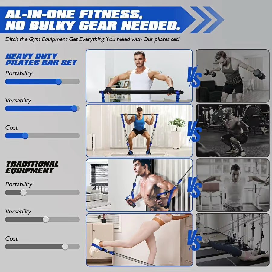Pilates Equipment, Heavy Duty Pilates Bar Kit with Resistance Bands, Portable Gym Adjustable Exercise Bands, Home Squat Training