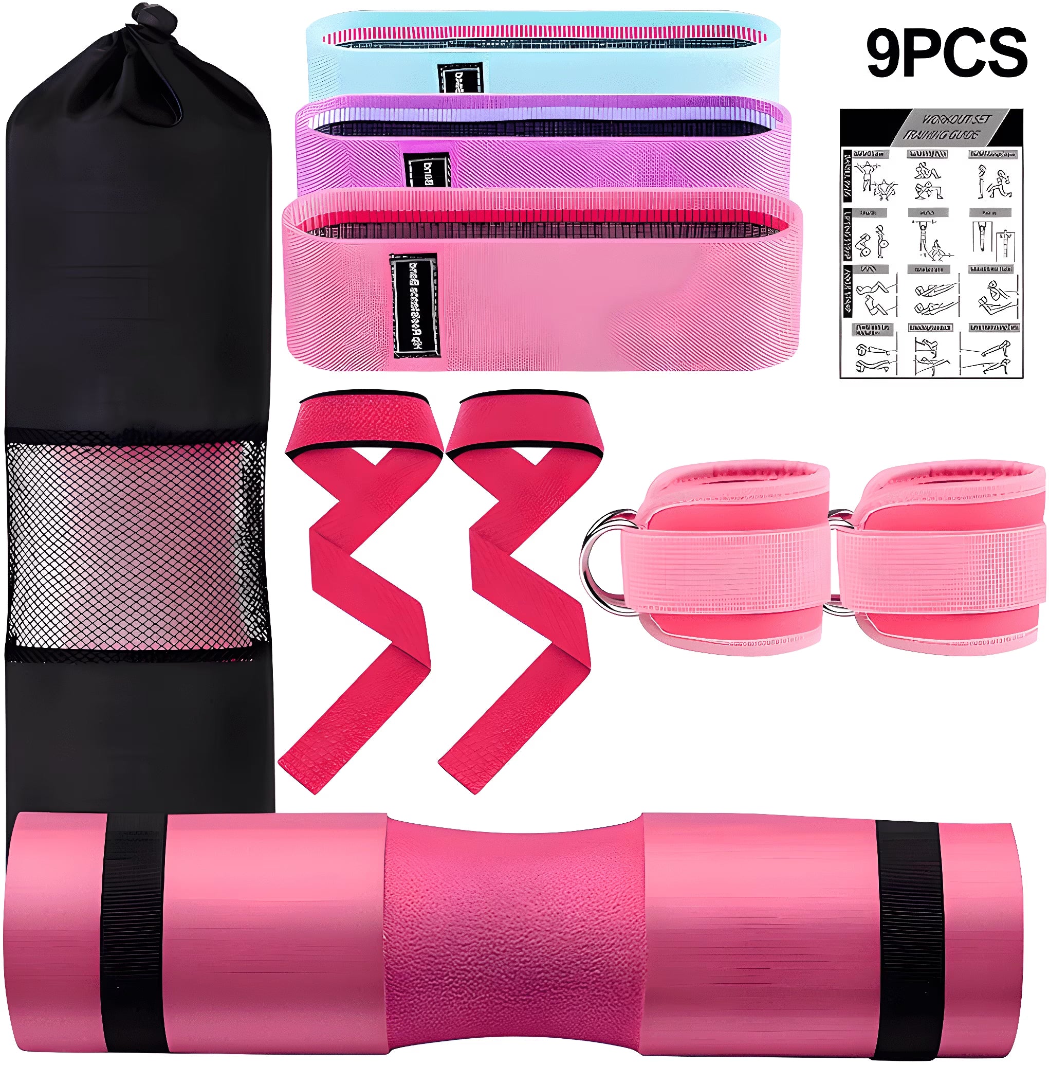 9 Pcs Barbell Pad Set, Barbell Squat Pad for Hip Thrusts, Lunges, Leg Day with 2 Gym Ankle Straps, 3 Hip Resistance Bands, 2 Lifting Strap, Barbell Pad and Carry Bag,Pink