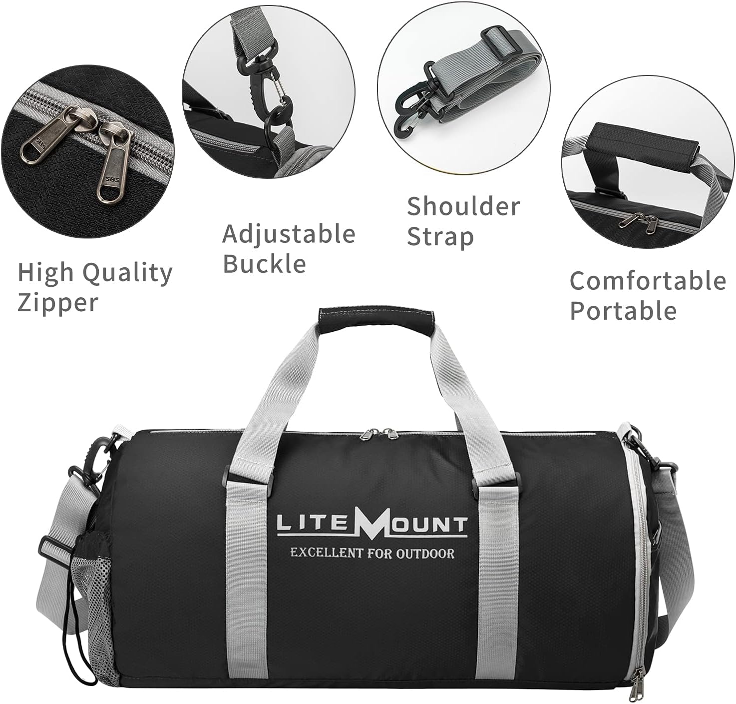 Packable 20 Inches round Gym Bag, Sport Bag, Workout Bag, Foldable Duffel Travel Bag with Shoes Compartment, Crossbody Lightweight Sling Bag for Travel Yoga Fitness Sports & Outdoors (Black)
