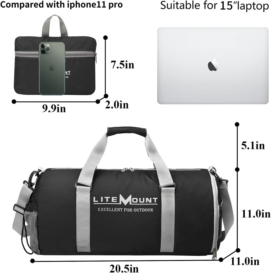 Packable 20 Inches round Gym Bag, Sport Bag, Workout Bag, Foldable Duffel Travel Bag with Shoes Compartment, Crossbody Lightweight Sling Bag for Travel Yoga Fitness Sports & Outdoors (Black)