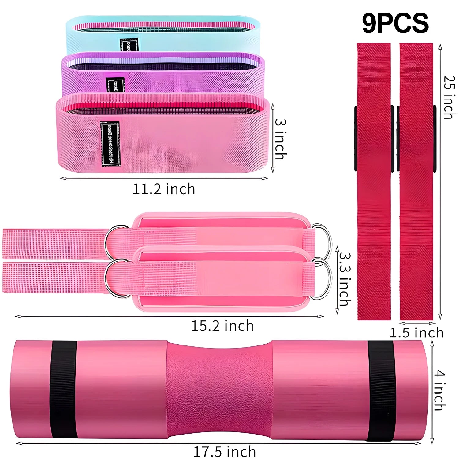 9 Pcs Barbell Pad Set, Barbell Squat Pad for Hip Thrusts, Lunges, Leg Day with 2 Gym Ankle Straps, 3 Hip Resistance Bands, 2 Lifting Strap, Barbell Pad and Carry Bag,Pink