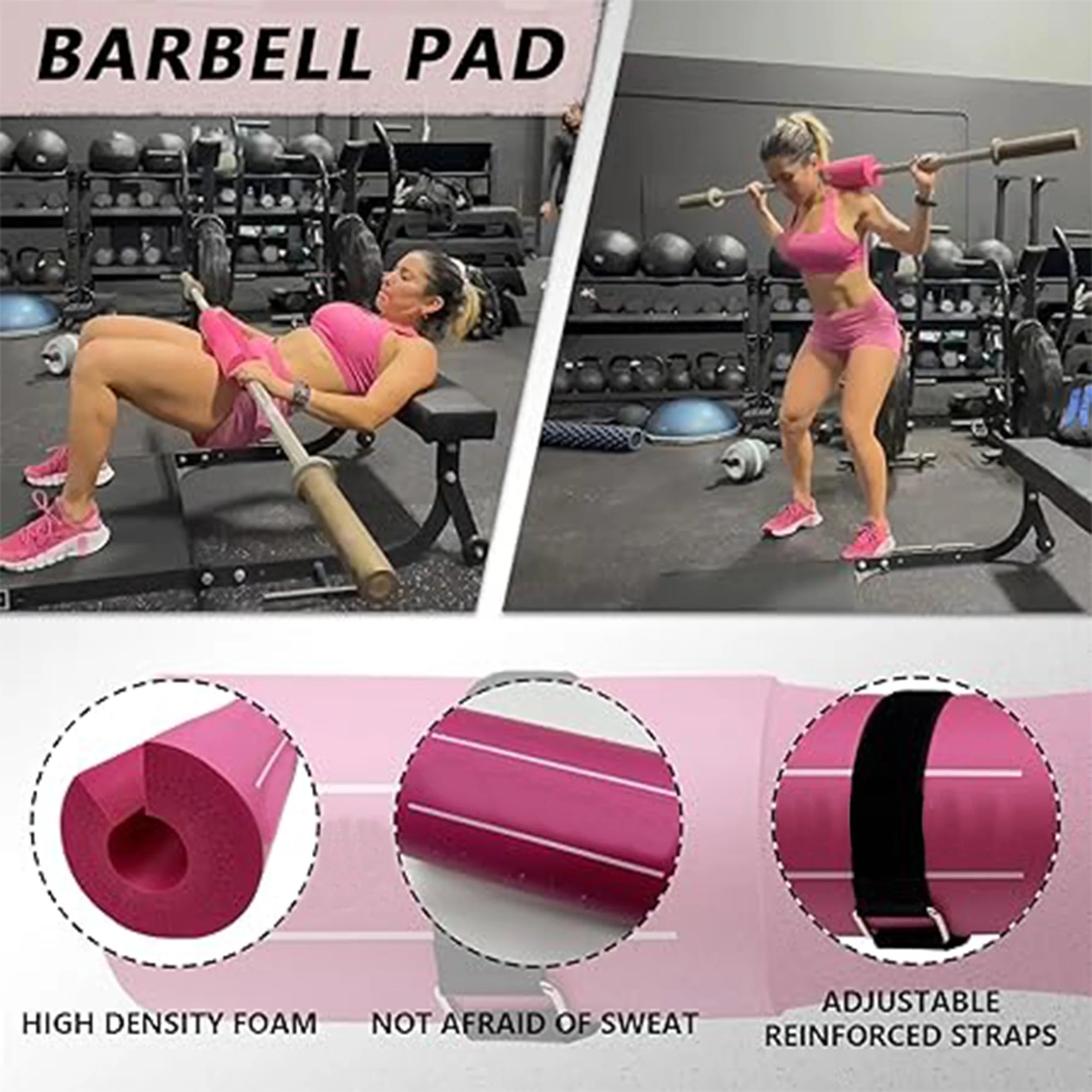 9 Pcs Barbell Pad Set, Barbell Squat Pad for Hip Thrusts, Lunges, Leg Day with 2 Gym Ankle Straps, 3 Hip Resistance Bands, 2 Lifting Strap, Barbell Pad and Carry Bag,Pink